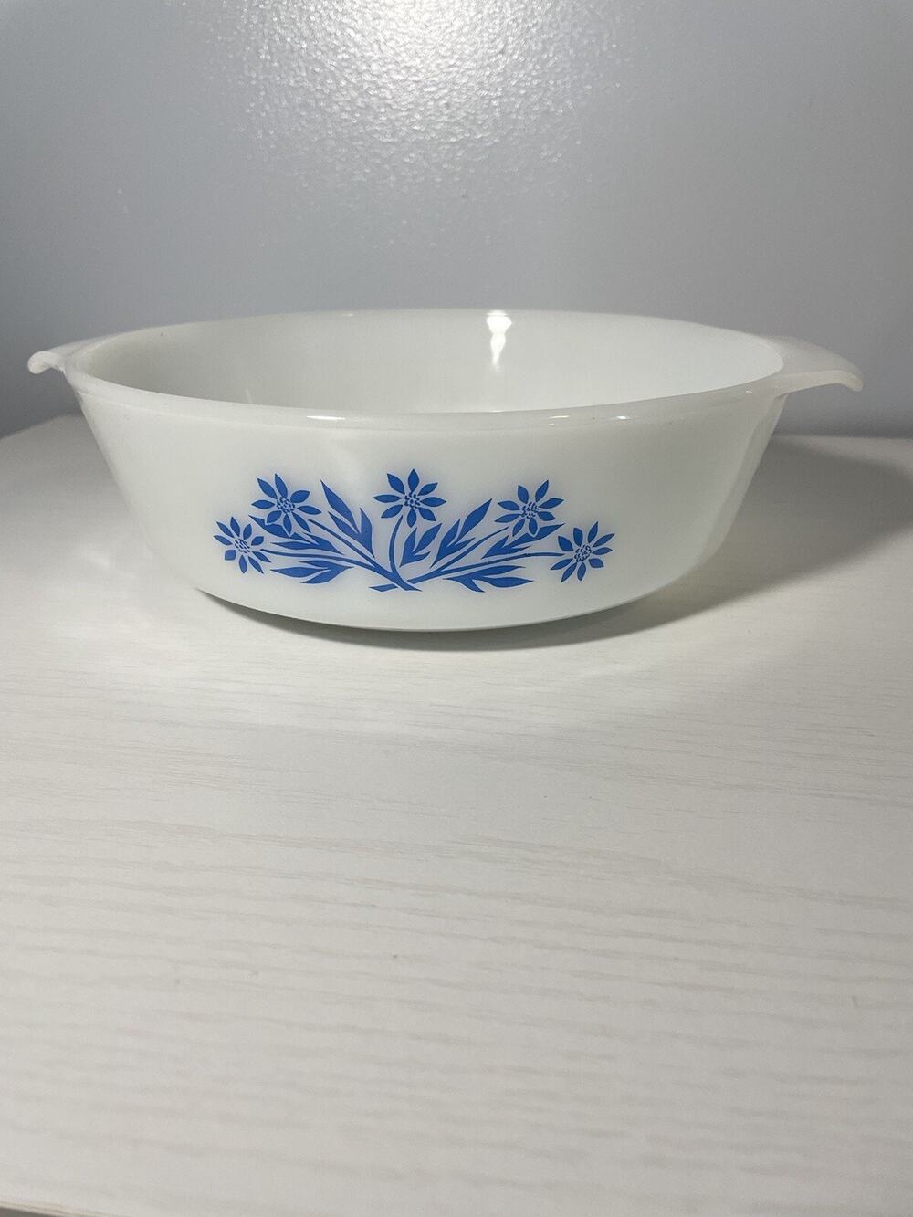 Fire King Blue Cornflower Casserole Dish Anchor Hocking 2 Qt. Round Winter Decor